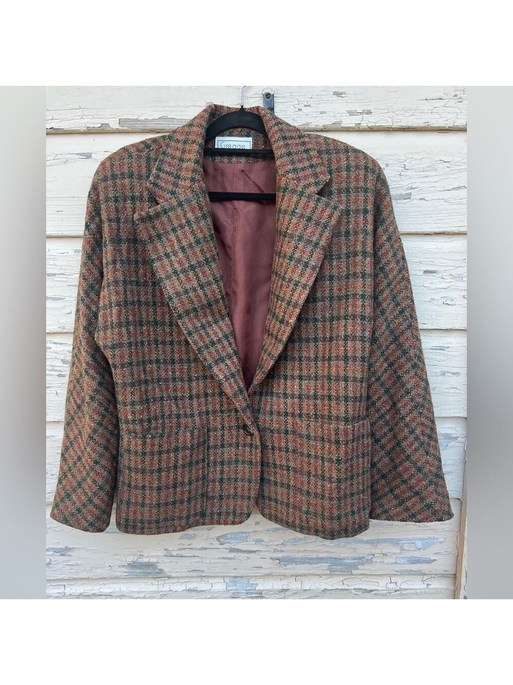 Vintage 80s Made is USA Gregge Sport Wool Plaid Tweed Sports Coat Career Blazer